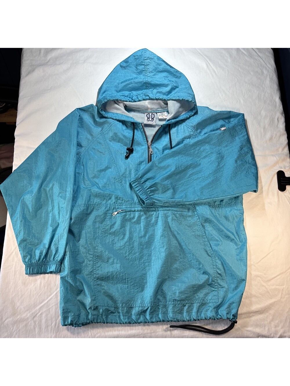 R&R Vintage 90’s sport Windbreaker Men’s M Teal Nylon Hooded Half Zip Pullover